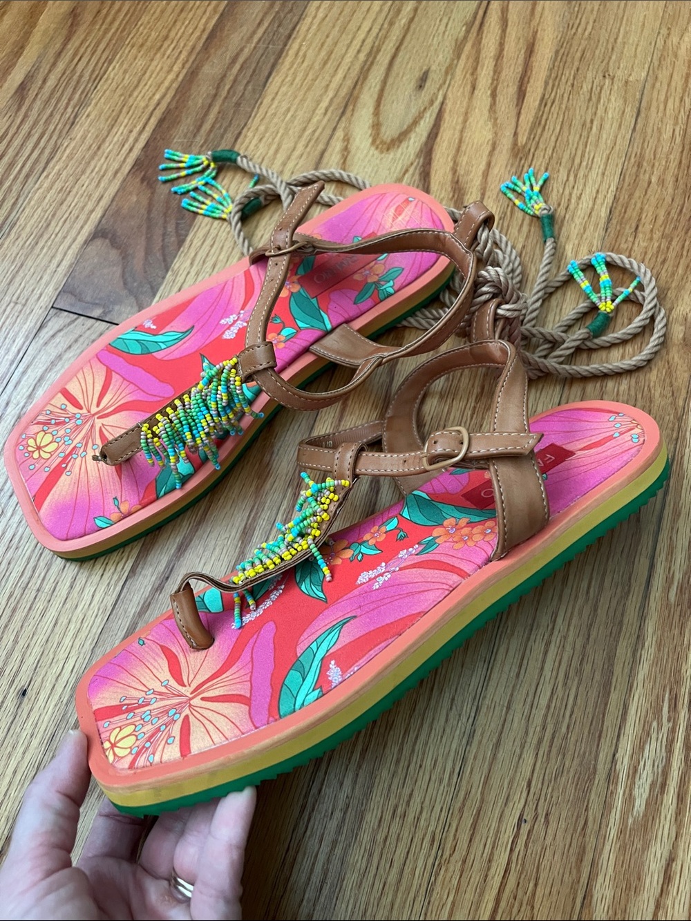 FARM Rio Vibrant Beaded Floral Tropical Print Sandal Size 9 / EU 40